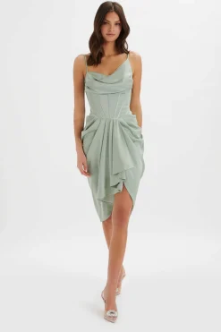 Selah Asymmetric Cowl Neck Draped Midi Dress In Sage<Lavish Alice Clearance
