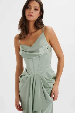 Selah Asymmetric Cowl Neck Draped Midi Dress In Sage<Lavish Alice Clearance