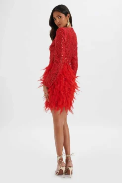 Selene Embellished Feather Mini Dress In Red<Lavish Alice New