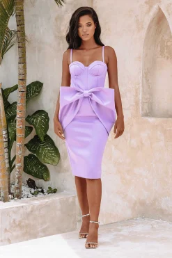 Shiloh Extreme Bow Corset Detail Midi Dress In Lavender Satin<Lavish Alice Sale