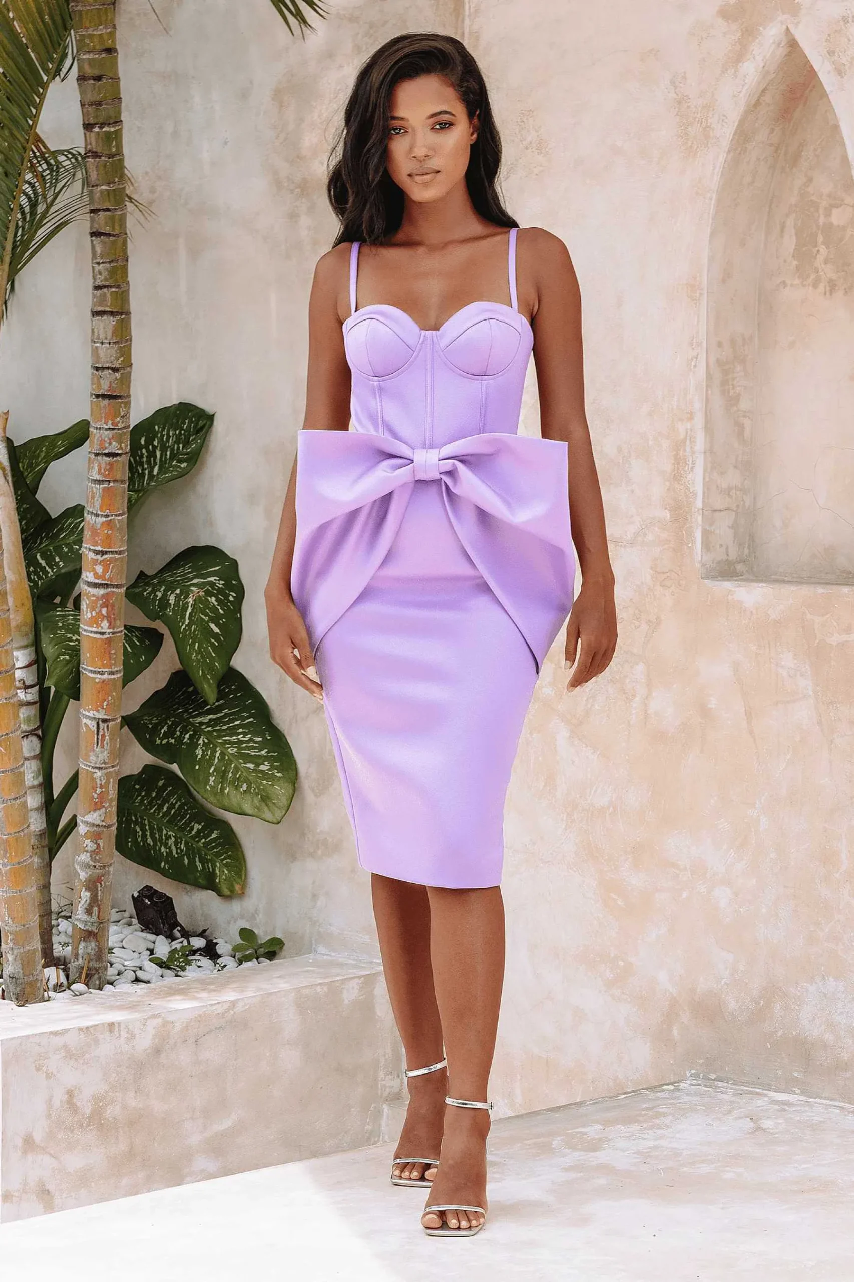 Shiloh Extreme Bow Corset Detail Midi Dress In Lavender Satin<Lavish Alice Sale