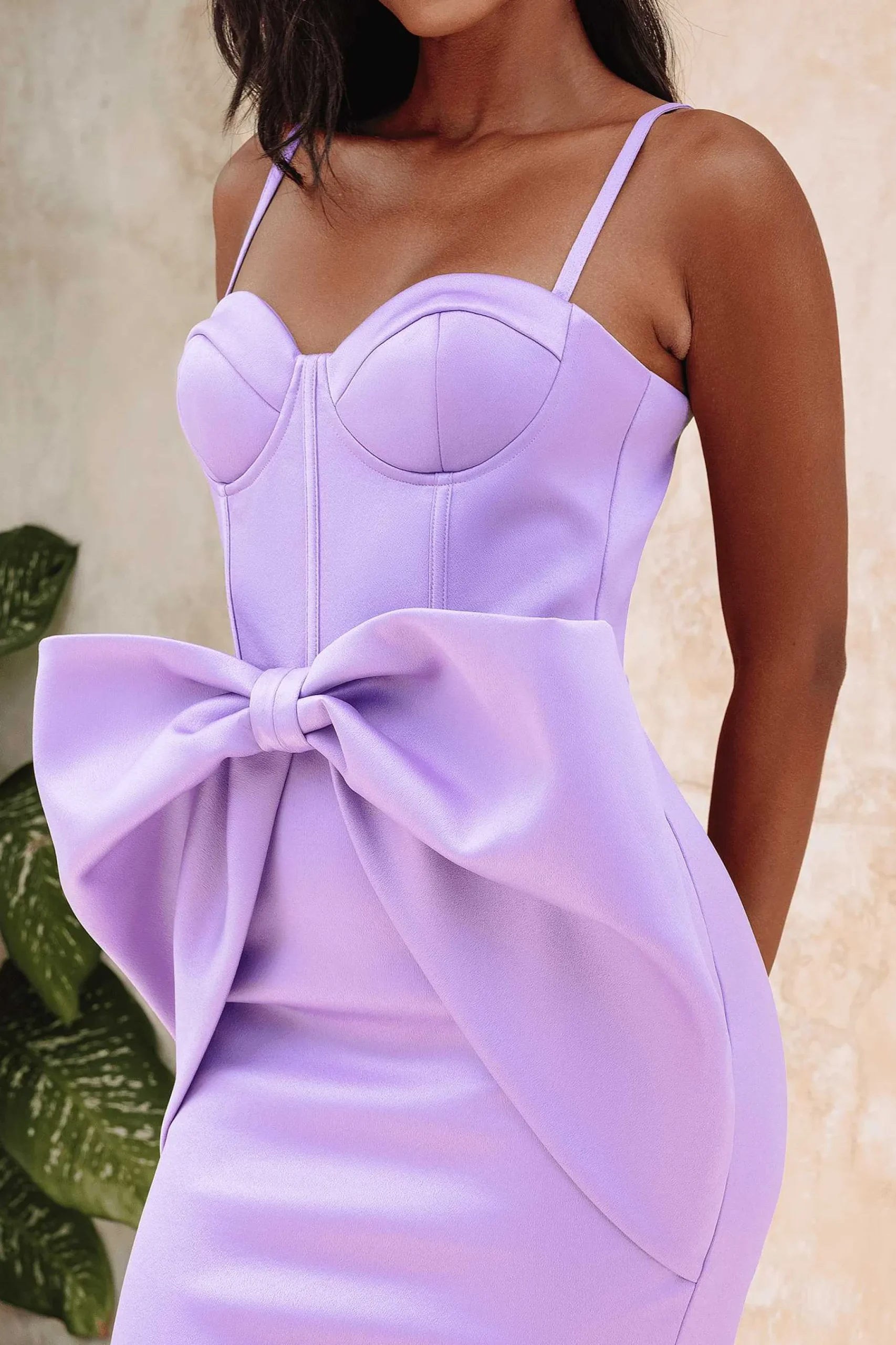 Shiloh Extreme Bow Corset Detail Midi Dress In Lavender Satin<Lavish Alice Sale
