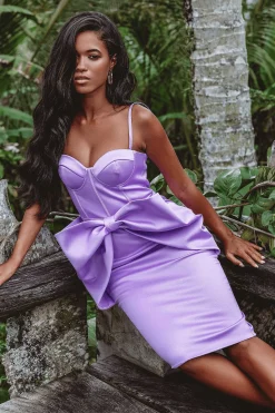 Shiloh Extreme Bow Corset Detail Midi Dress In Lavender Satin<Lavish Alice Sale