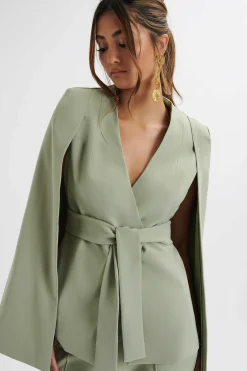 Skye Belted Cape Blazer Jacket In Sage Green<Lavish Alice Clearance