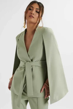 Skye Belted Cape Blazer Jacket In Sage Green<Lavish Alice Clearance