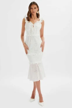 Sofi Broderie Anglais Ruffle Fishtail Midaxi In White<Lavish Alice Hot