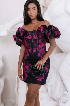 Stacia Jacquard Puff Sleeve Mini Dress In Black & Purple<Lavish Alice Best Sale