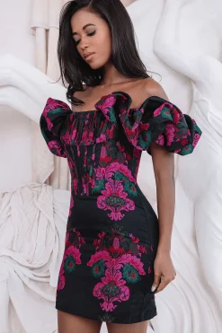 Stacia Jacquard Puff Sleeve Mini Dress In Black & Purple<Lavish Alice Best Sale