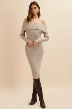 Sunday Knitted Rib Bardot Midi Dress In Beige<Lavish Alice Online