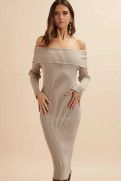 Sunday Knitted Rib Bardot Midi Dress In Beige<Lavish Alice Online