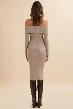Sunday Knitted Rib Bardot Midi Dress In Beige<Lavish Alice Online