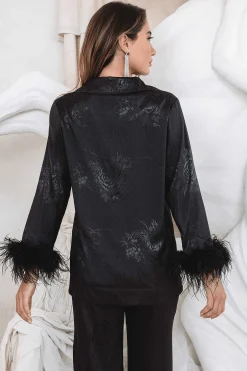 Sydney Feather Trim Satin Jacquard Pyjama In Black<Lavish Alice Best Sale