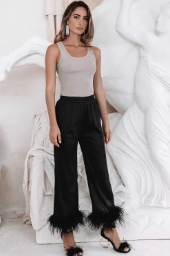 Sydney Feather Trim Satin Jacquard Pyjama In Black<Lavish Alice Best Sale