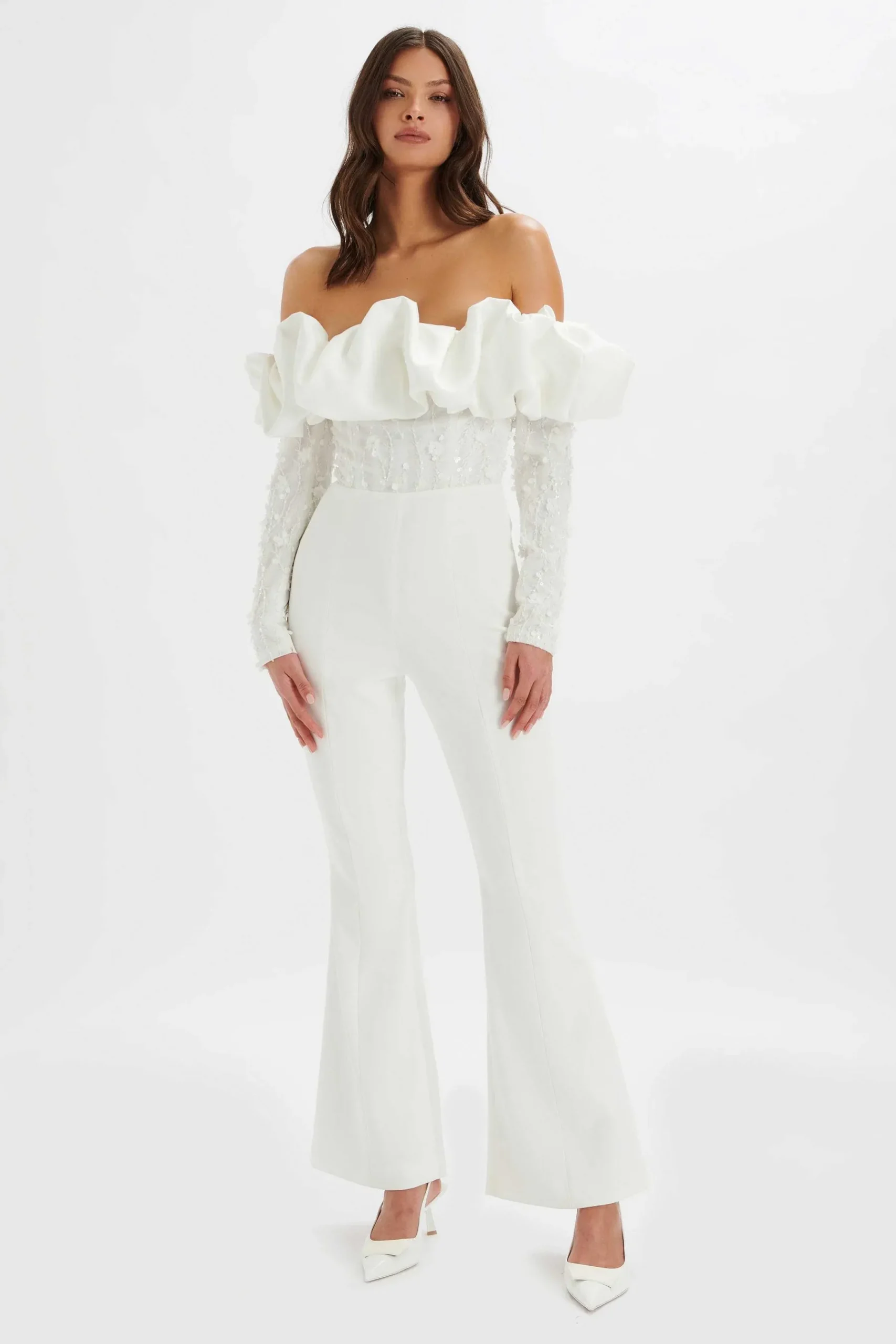 Tallulah 3D Embroidered Satin Puff Jumpsuit In White<Lavish Alice Best