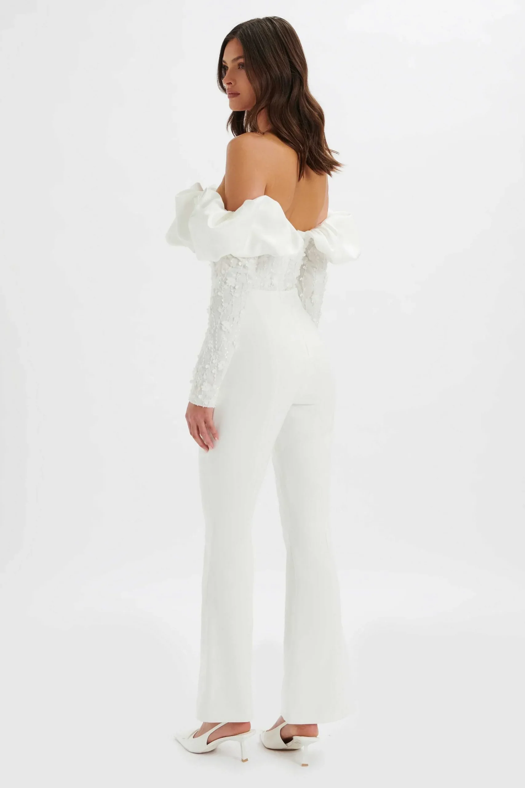Tallulah 3D Embroidered Satin Puff Jumpsuit In White<Lavish Alice Best