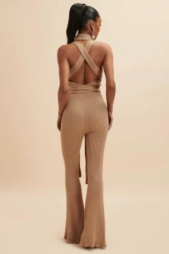 Tamara Knitted Ribbed Open Back Jumpsuit In Camel<Lavish Alice Discount