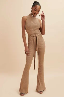Tamara Knitted Ribbed Open Back Jumpsuit In Camel<Lavish Alice Discount