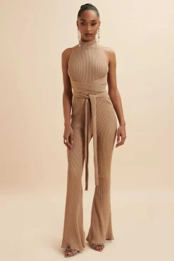 Tamara Knitted Ribbed Open Back Jumpsuit In Camel<Lavish Alice Discount