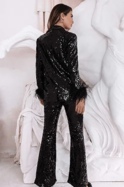 Tamsin Oversized Sequin Blazer With Feather Cuffs In Black<Lavish Alice Best