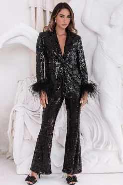 Tamsin Oversized Sequin Blazer With Feather Cuffs In Black<Lavish Alice Best