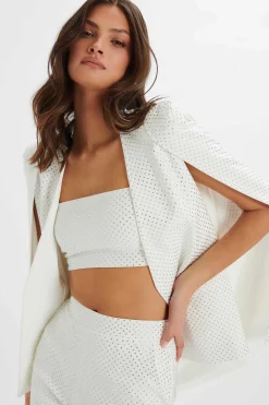 Tia Crystal Embellished Classic Cape Blazer In White<Lavish Alice Cheap
