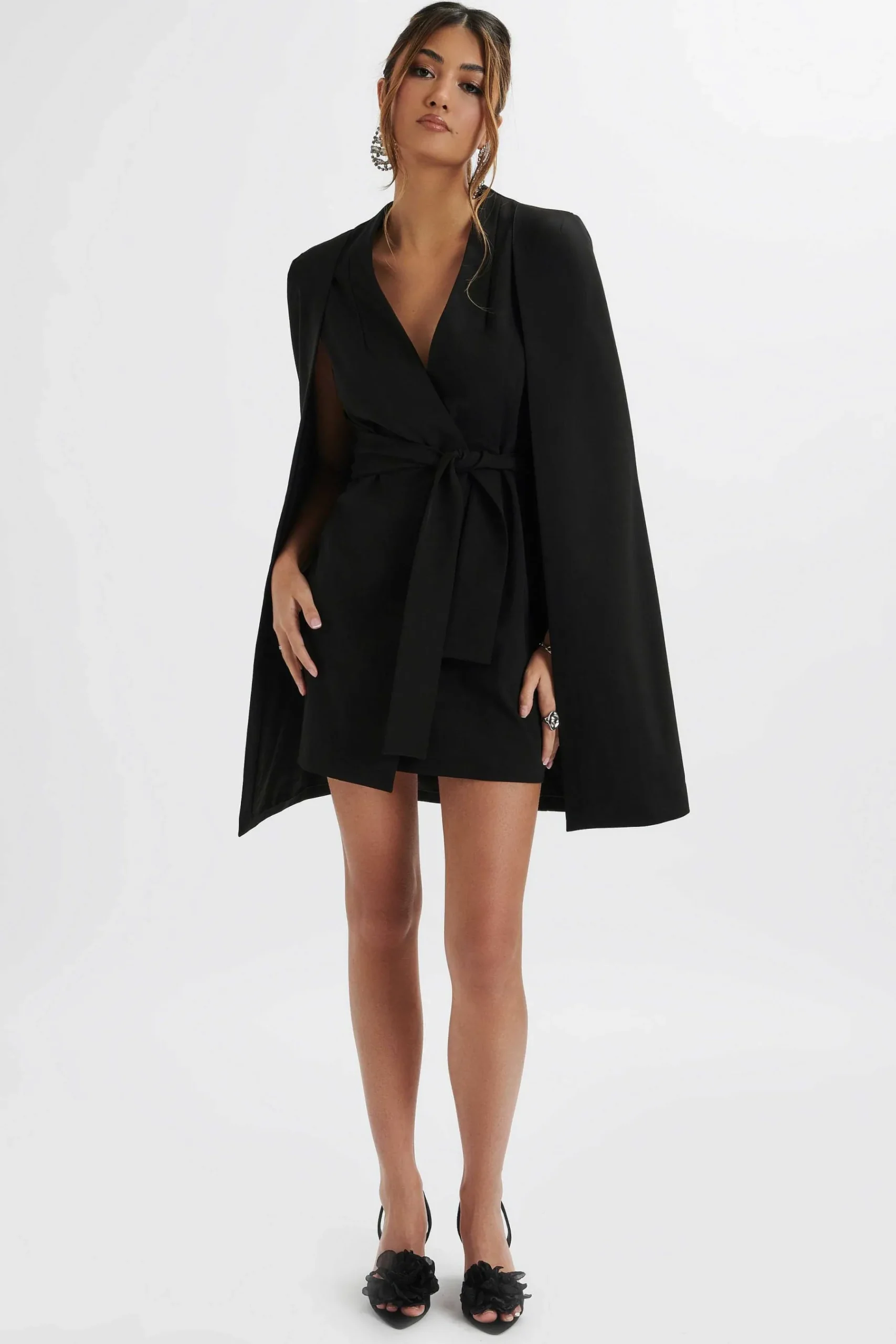 Tiffany Belted Cape Blazer Mini Dress In Black<Lavish Alice Hot
