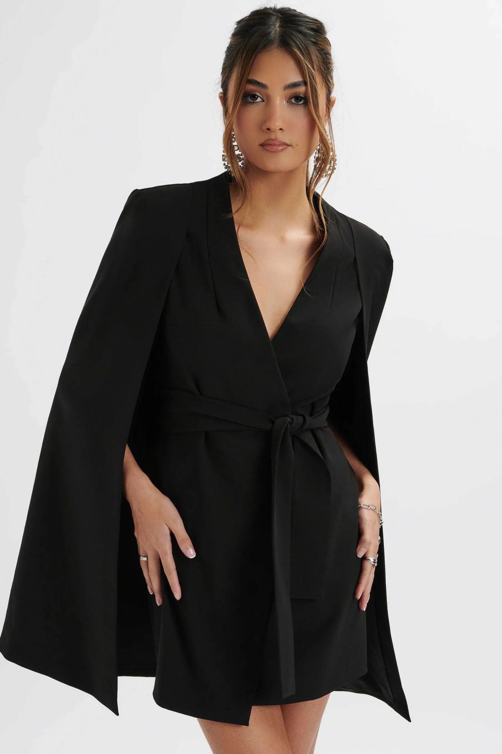 Tiffany Belted Cape Blazer Mini Dress In Black<Lavish Alice Hot