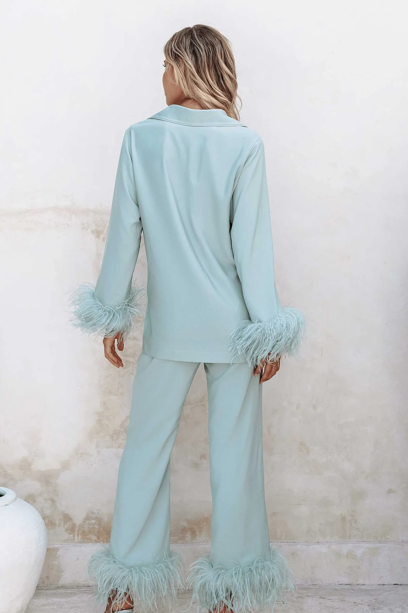 Tilly Feather Trim Satin Pyjama In Sage<Lavish Alice Hot