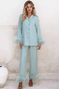 Tilly Feather Trim Satin Pyjama In Sage<Lavish Alice Hot
