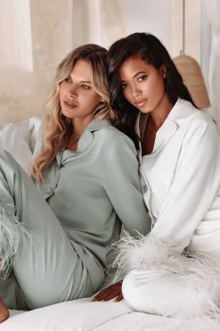 Tilly Feather Trim Satin Pyjama In Sage<Lavish Alice Hot