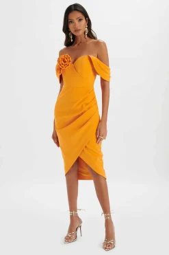 Zamira 3D Flower Detail Off Shoulder Midi Dress In Orange<Lavish Alice Hot