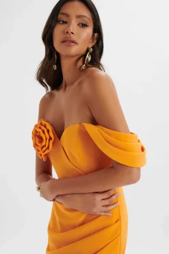 Zamira 3D Flower Detail Off Shoulder Midi Dress In Orange<Lavish Alice Hot