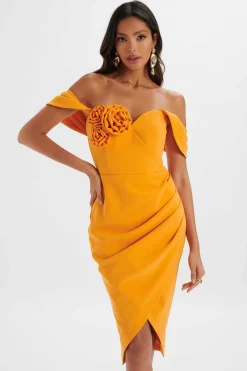 Zamira 3D Flower Detail Off Shoulder Midi Dress In Orange<Lavish Alice Hot